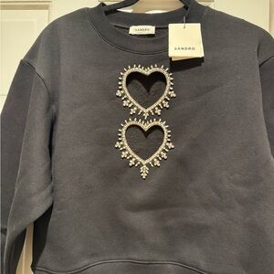 Sandro Women's Black Sweatshirt with Heart Embellishments